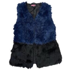 Woman's Say What? Faux-Fur Vest Furry Black/Blue Closable Hooks Size Large